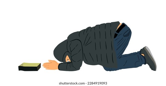 Homeless beggar begging for money vector illustration isolated on white background. Person begging for food. Miserable boy. Poor hungry man need help. Stressful public scene. Street social problem.