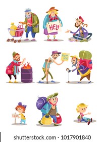 Homeless and beggars people vector cartoon illustration. Bum and homeless vagrant characters of woman and child begging alms, man panhandler in poverty at fire barrel flat isolated icons set