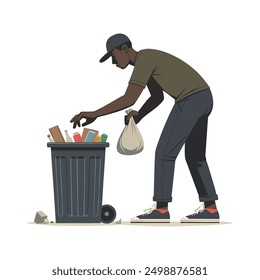 Homeless black man picking up trash flat design vector illustration.