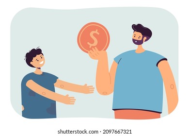 Homeless Boy Looking At Man Holding Big Coin. Male Character Thinking Of Giving Money To Poor Kid In Dirty Clothes Flat Vector Illustration. Charity, Support, Poverty Concept For Banner, Landing Page