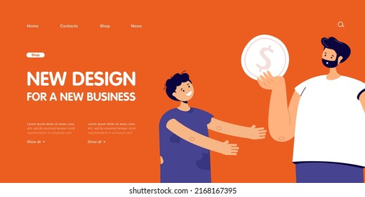 Homeless Boy Looking At Man Holding Big Coin. Male Character Thinking Of Giving Money To Poor Kid In Dirty Clothes Flat Vector Illustration. Charity, Support, Poverty Concept For Banner, Landing Page