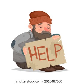 Homeless bum help cardboard paper sheet helpless cartoon character vector illustration