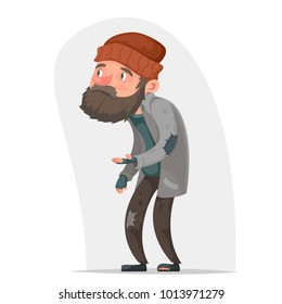 Homeless Bum Poor Male Character Beg Help Money Hand Isolated Icon Cartoon Design Vector Illustration