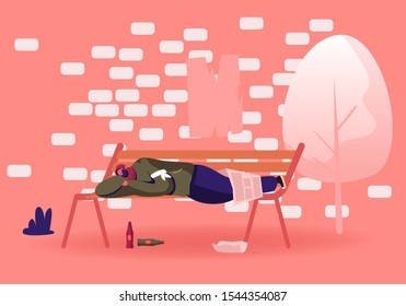 Homeless Bum Poor Male Depressed Character in Dirty Ragged Clothes Sleeping on Bench in City Park with Empty Alcohol Bottles beneath. Drunk Man Pauper Live on Street. Cartoon Flat Vector Illustration