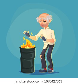 homeless Bum Poor old man adult warming themselves near the fire and need help isolated Cartoon Design Vector Illustration social problem poverty misery eps10