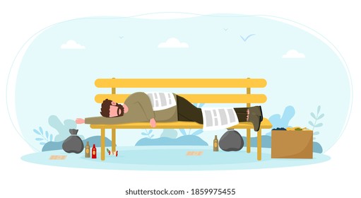 Homeless bum sleeping on bench. Concept of poor male beggar, depressed character in dirty torn clothes in city park with empty alcohol bottles nearby. Flat cartoon vector illustration