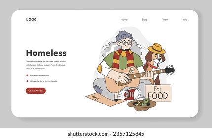 Homeless character. Female beggar wearing ragged and dirty clothes begging money for food. Poor character picking up and collecting garbage. Flat vector illustration