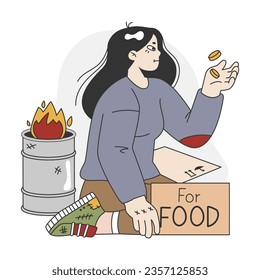 Homeless character. Female beggar wearing ragged and dirty clothes begging money for food. Poor character picking up and collecting garbage. Flat vector illustration