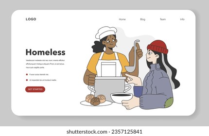 Homeless character food charity. Female beggar wearing ragged and dirty clothes holding a plate with warm meal. Volunteer help. Charity support for homeless people. Flat vector illustration