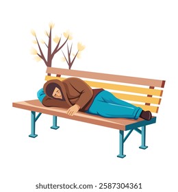 Homeless character sleeping on bench illustration in flat style 
