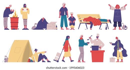 Homeless characters. Poor, unemployment beggar person, hungry and dirty people cartoon vector illustration set