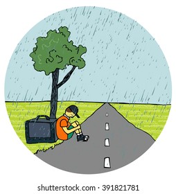 homeless child.long road.rain.orphan vector