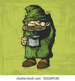 homeless in dirty clothes with mug in hand begging. Vector cartoon