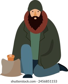 Homeless dirty man sitting on ground need help isolated flat vector illustration