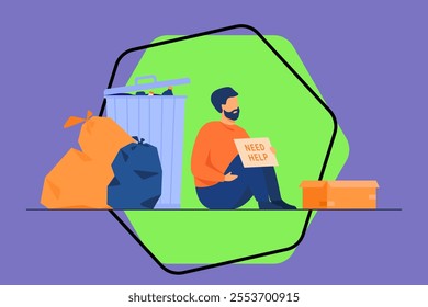 Homeless dirty man sitting on ground with nameplate need help isolated flat vector illustration. Cartoon desperate poor person sitting on street near trash. Charity and unemployment concept