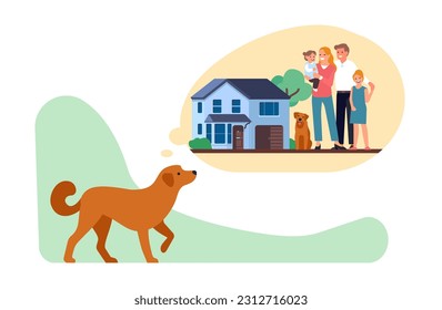 Homeless dog dreaming of home. Sad domestic animal imagining family and house. Parents and children. Pets adoption. Unwanted puppy. Disappointed mammals daydreaming