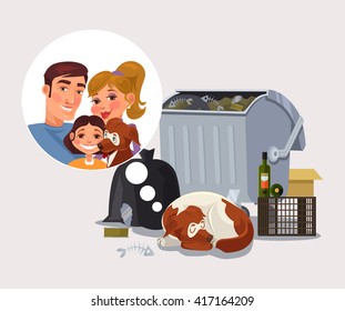 Homeless dog remember about family. Vector flat cartoon illustration