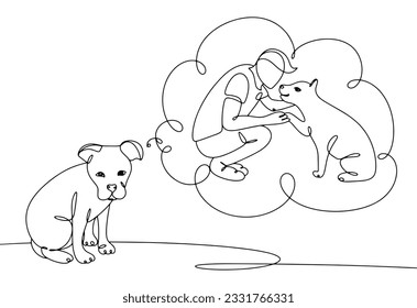 Homeless dog wants to be a pet. Owner with a dog. Love to the animals. International Homeless Animals Day. One line drawing for different uses. Vector illustration.