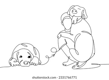 Homeless dog wants to be a pet. Owner with a dog. Love to the animals. International Homeless Animals Day. One line drawing for different uses. Vector illustration.
