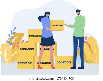 Homeless donation vector concept: businesswoman giving the Donation cardboard box to the homeless man