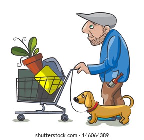 The homeless drunkard pushes the supermarket cart with his things and  his dog run near him