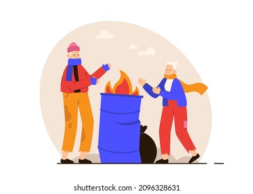 Homeless elderly people basking by the burning trash bin on the street. Jobless poor person in crisis. Poverty and homelessness concept. Modern flat vector illustration