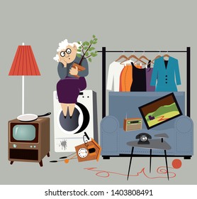 Homeless elderly woman sitting outside surrounded by her belongings, EPS 8 vector illustration	
