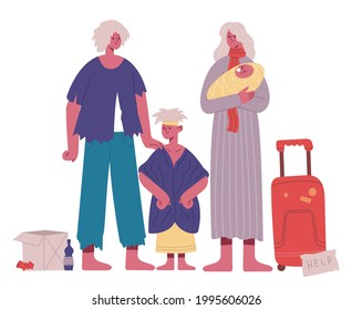 Homeless family. Poor, hungry and dirty father, mother and kids, refugee stateless family cartoon vector set