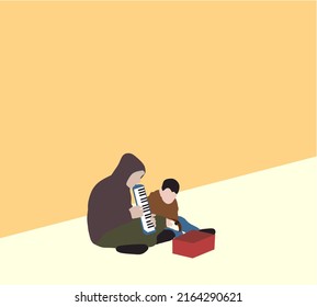 Homeless Family Sing And Beg Tourists For Money. Poor Jobless Singer Perform For Donations. Homeless Musician Vector Illustration.