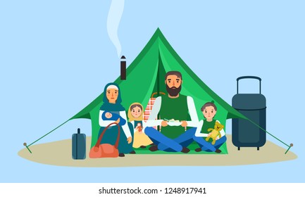 Homeless Family In Tent Concept Banner. Flat Illustration Of Homeless Family In Tent Vector Concept Banner For Web Design