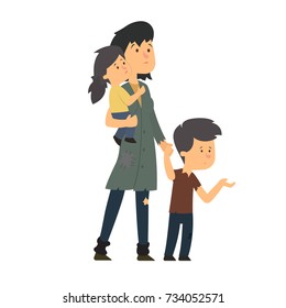 homeless family. unhappy children with their mother asking for help. vector illustration.