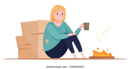 Homeless girl cartoon vector illustration isolated on white background. Poor woman character in crisis situation seating near campfire on street. 