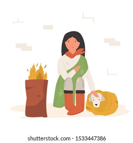 Homeless girl sitting on a street and trying to get warm with her dog. Colorful vector illustration. Character design