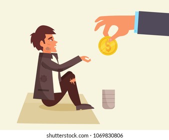 Homeless. Hand with the coin. Vector. Cartoon. Isolated art 