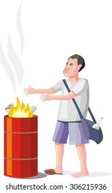 Homeless heating hands around the fire barrel