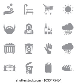 Homeless Icons. Gray Flat Design. Vector Illustration. 