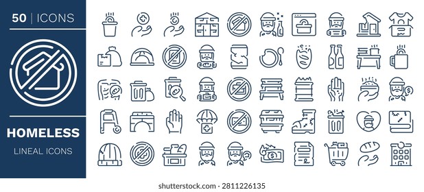 Homeless icons set in line design. Including homeless, poverty, shelter, charity, donation, hunger, destitute and more. Outline icons collection.