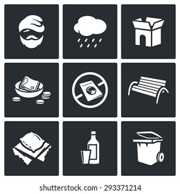 Homeless icons set. Vector Illustration.
Isolated Flat Icons collection on a black background for design