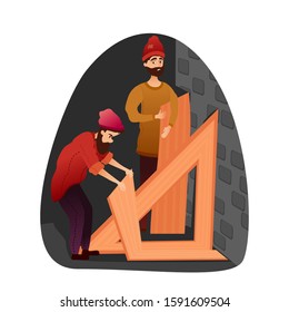 Homeless jobless men thief breaking wooden boards. Robbery, banditry, marauding in city risk zone and criminal area. Damage and destruction another property. Vector flat cartoon illustration