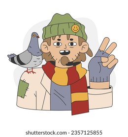 Homeless. Male beggar wearing ragged and dirty clothes begging money. Poor character picking up and collecting garbage. Flat vector illustration
