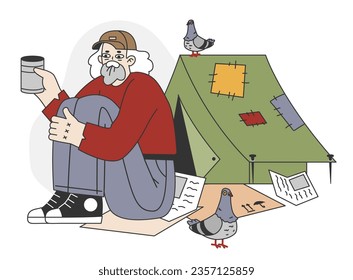 Homeless. Male beggar wearing ragged and dirty clothes begging money. Poor character picking up and collecting garbage. Flat vector illustration