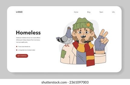 Homeless. Male beggar wearing ragged and dirty clothes begging money. Poor character picking up and collecting garbage. Flat vector illustration