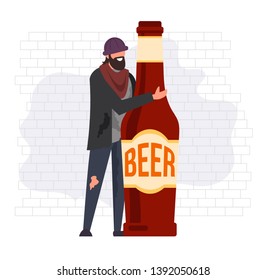 Homeless man alcoholic character hug bottle of beer. Alcohol habit abuse concept. Vector flat graphic design cartoon illustration