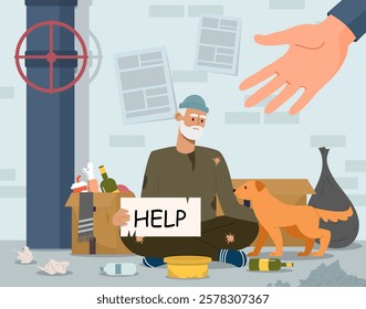 Homeless man with a beard holding a help sign, sitting by a wall with his dog, surrounded by trash and a hand offering help, on a light background. Concept of kindness and charity. Vector illustration