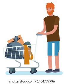 homeless man with beard pushing a shopping cart with all his possessions on a white background. cartoon style vector illustration isolated on white background.