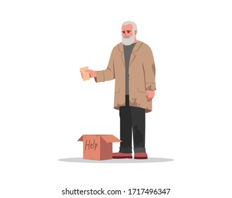 Homeless man beg for money semi flat RGB color vector illustration. Unemployed person in poverty wait for donation. Help jobless senior. Beggar isolated cartoon character on white background