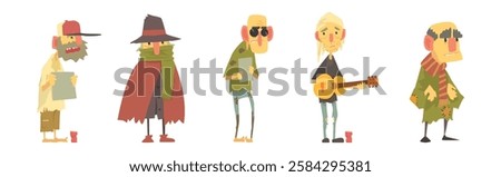 Homeless Man Beggar Characters in Rags Living on the Streets Vector Set