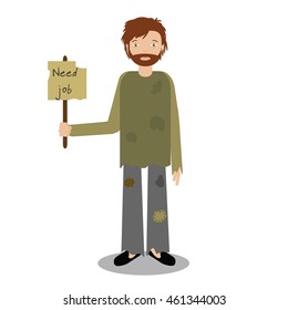 Homeless man begging for job. Vector illustration of beggar character