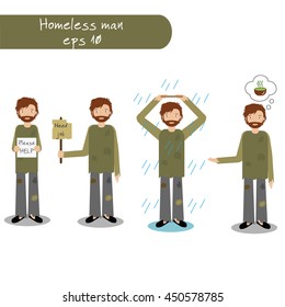 Homeless man begging for money, job, food, help. Vector illustration of beggar character