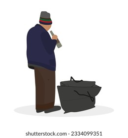 Homeless man with a bottle and a big bag standing on a white background